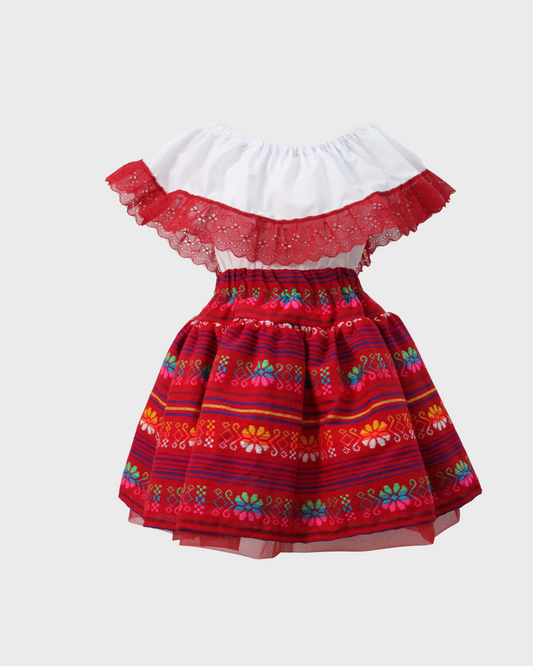 Set Patrio Falda Tipo TuTu  Cambaya Rayas y Blusa Campesina  Color Blanco con Encaje Rojo