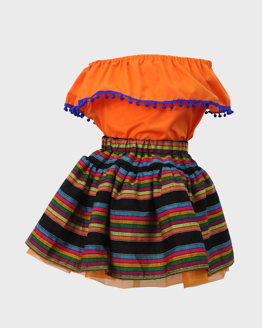 Set Patrio Falda Tipo TuTu  Cambaya Rayas y Blusa Campesina Narajna  con Pompones Azul rey