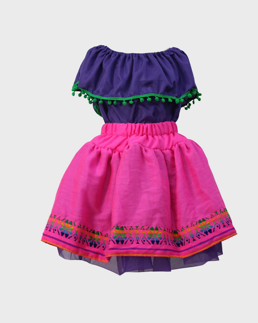 Set Patrio Falda Tipo TuTu Cambaya Rosa y Blusa Campesina Moradae Pompones Verdes