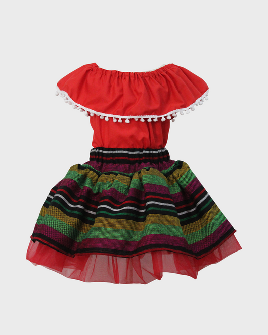 Set Patrio Falda Tipo TuTu Cambaya y Blusa Campesina roja con Pompones Blanco