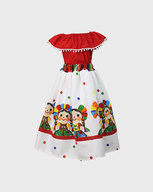 Set Patrio Falda Adelita , Blusa Campesina Rojo con Olan Pompon