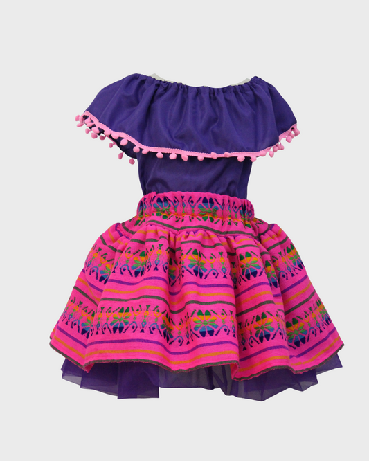 Set Patrio Falda Tipo TuTu Cambaya y Blusa Campesina Moradocon Olan y  Pompones Color Rosa