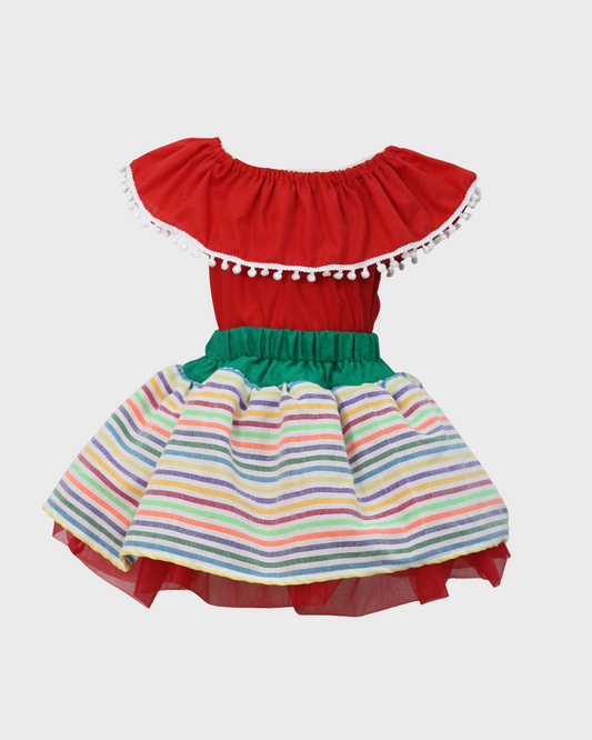 Set Patrio Falda Tipo TuTu Cambaya y Blusa Campesina Rojo con   Pompones Blanco