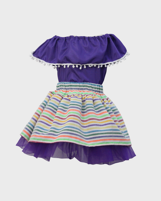 Set Patrio Falda Tipo TuTu Cambaya y Blusa Campesina Morada con Pompones Blanco