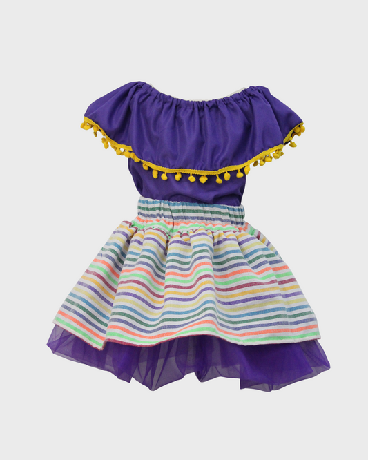 Set Patrio Falda Tipo TuTu Cambaya y Blusa Campesina Morada con Pompones Amarillo