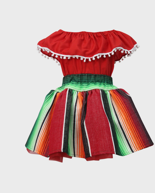 Set Patrio Falda Tipo TuTu Cambaya y Blusa Campesina roja con Pompones Blanco