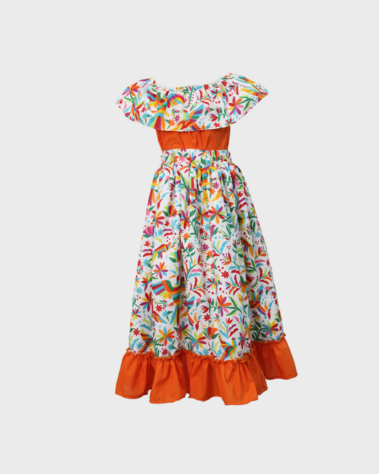 Set Patrio Falda Adelita, Blusa Campesina Color Naranja con Olan