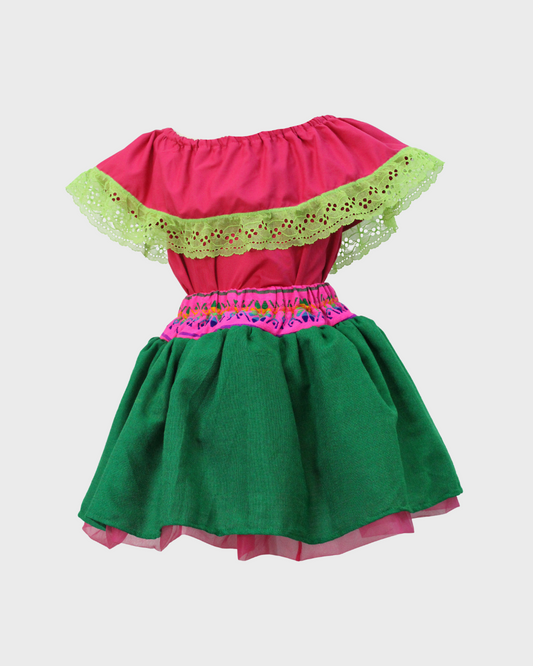 Set Patrio Falda Tipo TuTu  Cambaya  y Blusa Campesina  Color Magentacon Olan Encaje