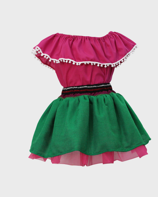 Set Patrio Falda Tipo TuTu  Cambaya  y Blusa Campesina  Color Magentacon Olan Pompones