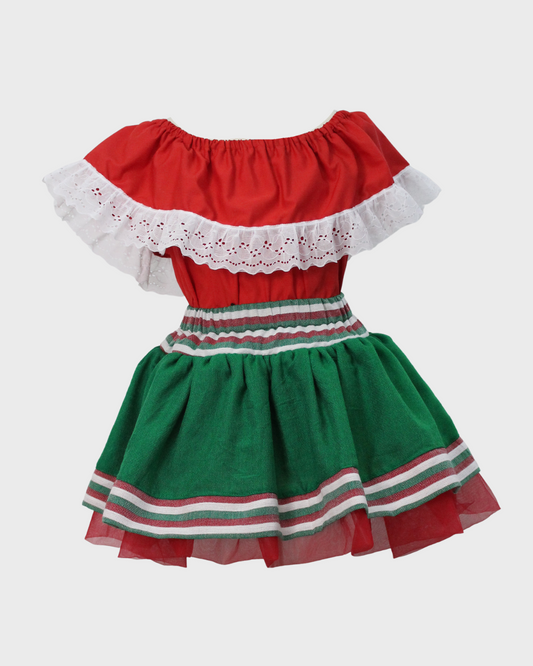 Set Patrio Falda Tipo TuTu  Cambaya  y Blusa Campesina  Color Rojo con Olan Encaje