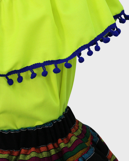 Set Patrio Falda Tipo TuTu Cambaya Rayada y Blusa Campesina Amarilla Pompones Azul