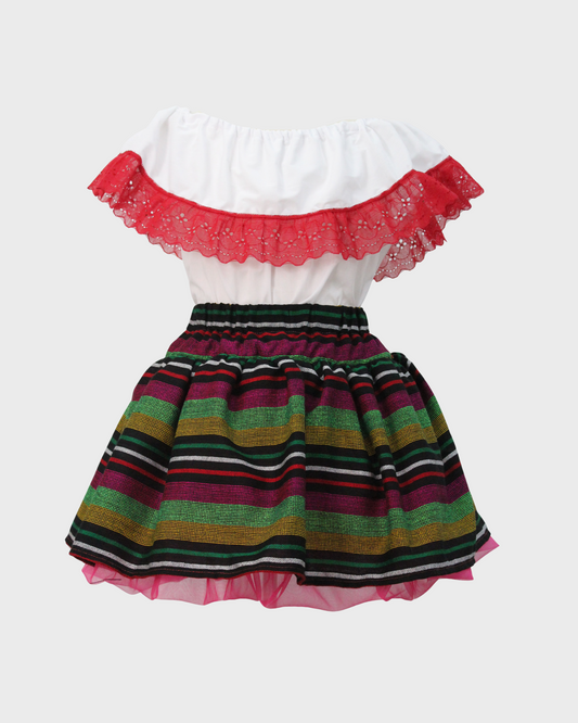 Set Patrio Falda Tipo TuTu Cambaya Rayada y Blusa Campesina Blanca Pompones