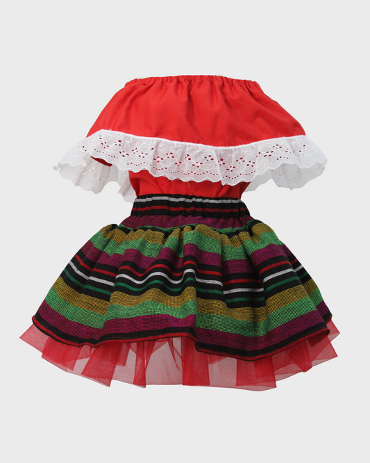 Set Patrio Falda Tipo TuTu Cambaya Rayada y Blusa Campesina Roja olan Encaje