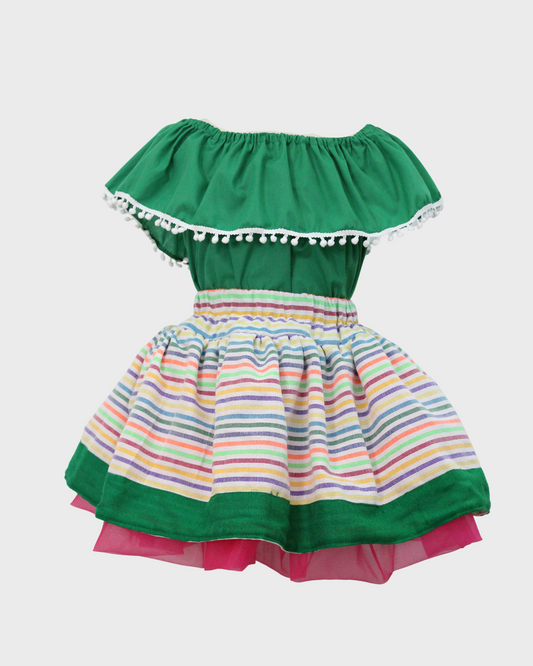 Set Patrio Falda Tipo TuTu Cambaya Rayada y Blusa Campesina Verde Pompones Blanco