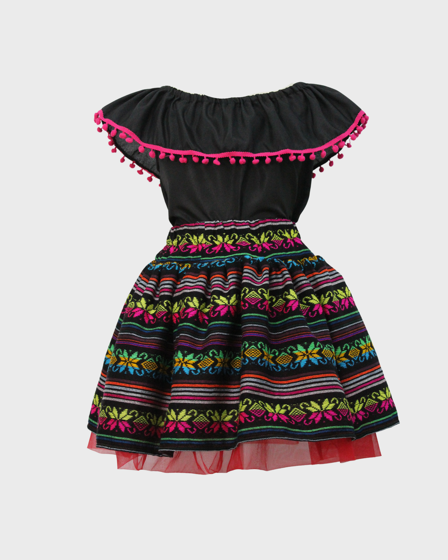 Set Patrio Falda Tipo TuTu Cambaya Rayada y Blusa Campesina Negro Pompones Rosa