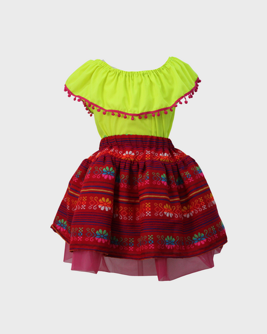 Set Patrio Falda Tipo TuTu  Cambaya Rayas y Blusa Campesina  Color Verde Fluorescente con Pompones Rosa