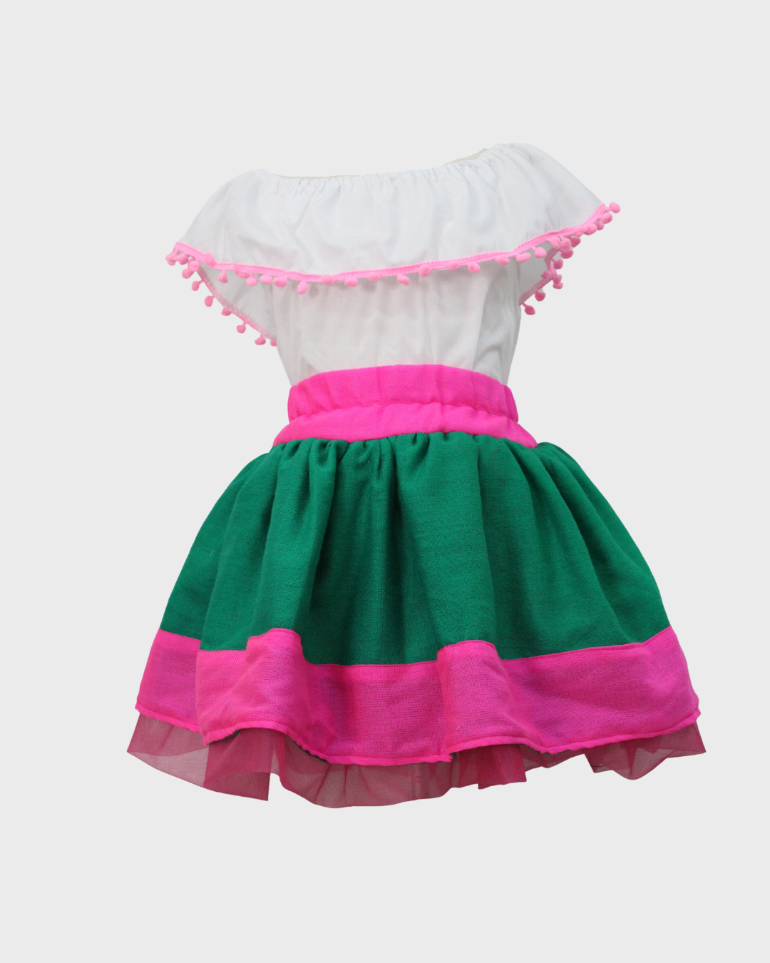 Set Patrio Falda Tipo TuTu  Cambaya lisa y Blusa Campesina Blanca con pompones Rosa