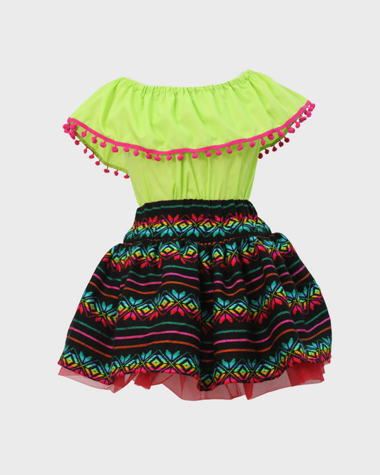 Set Patrio Falda Tipo TuTu  Cambaya con Blusa Campesina Verde con Olan Pompones