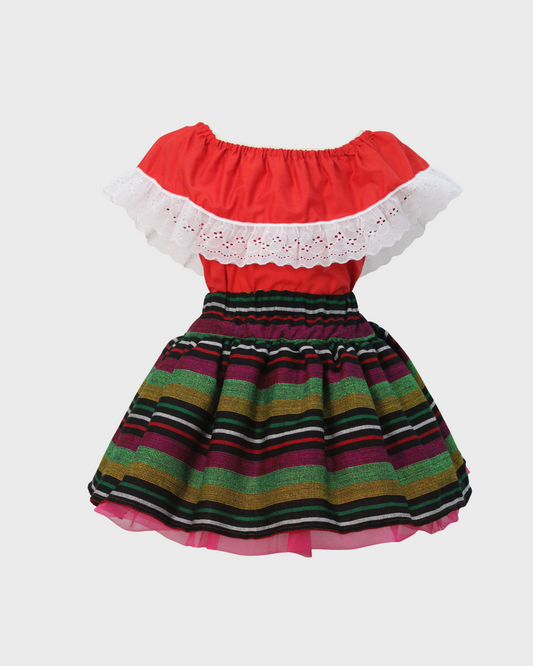 Set Patrio Falda Tipo TuTu  Cambaya Rayas y Blusa Campesina Rojo con Olan y Encaje