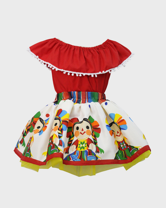 Set Patrio Falda Tipo TuTu  Cambaya Rayas y Blusa Campesina  Color Rojo con Pompones