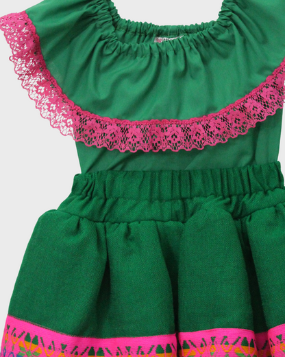 Set Patrio Falda Tipo TuTu Cambaya Naranja y Blusa Campesina verde con olan encaje rosa