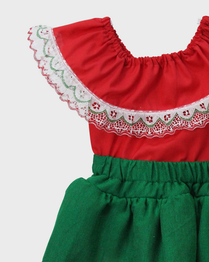 Set Patrio Falda Tipo TuTu Cambaya Naranja y Blusa Campesina roja con olan encaje Blanco
