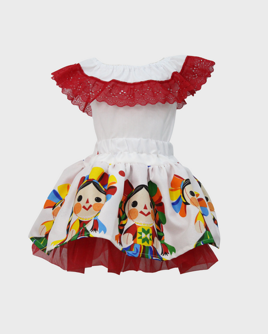 Set Patrio Falda Tipo TuTu Elementos Patrios y Blusa Campesina Blanca con Olan Encaje