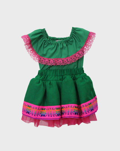 Set Patrio Falda Tipo TuTu Cambaya Naranja y Blusa Campesina verde con olan encaje rosa