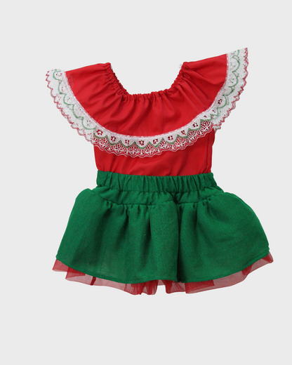 Set Patrio Falda Tipo TuTu Cambaya Naranja y Blusa Campesina roja con olan encaje Blanco