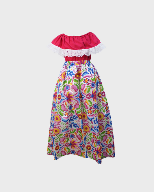 Set Patrio Falda con Elementos Estilo  Mexicana y Blusa Campesina color Rosa Encaje Blanco