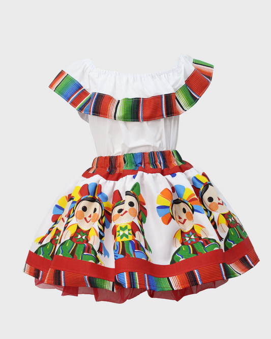 Set Patrio Falda Tipo Tutu  y Blusa Campesina Color Blanca con Olan Elementos Partios