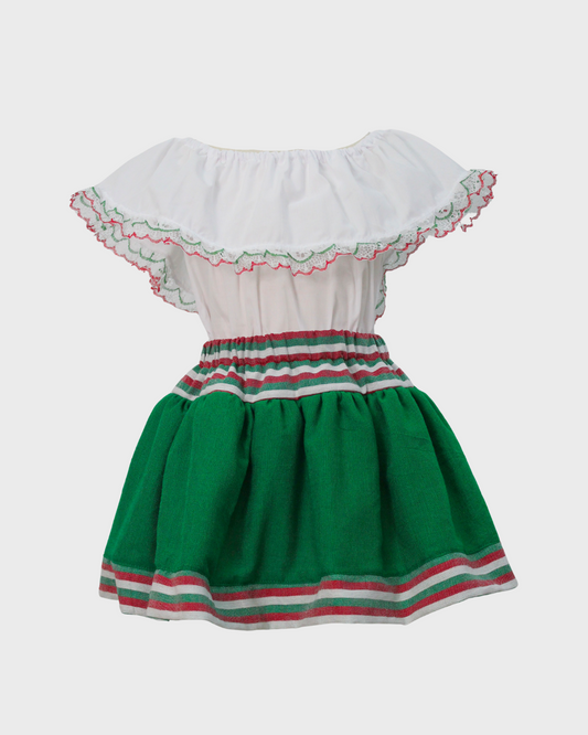 Set Patrio Falda Tipo Tutu con Blusa Campesina Color Blanco con Olan Encaje