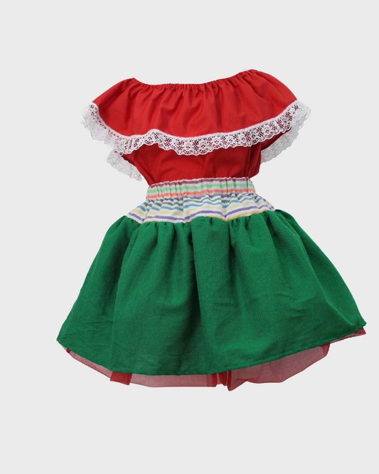 Set Patrio Falda Tipo Tutu con Blusa Campesina Color Rojo con Olan Encaje