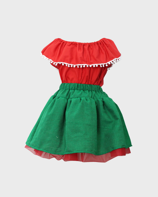 Set Patrio Falda Tipo Tutu con Blusa Campesina Color Blanco con Olan  Pompones