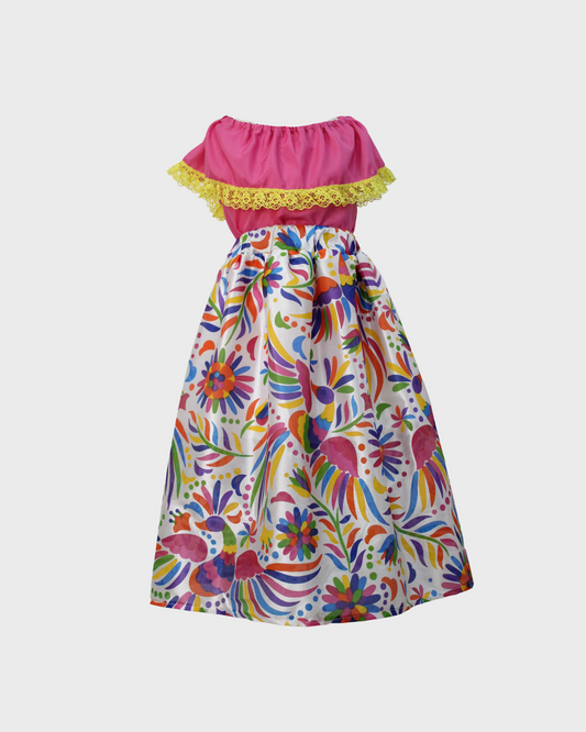 Set Patrio Falda con Elementos Estilo  Mexicana y Blusa Campesina color Rosa Encaje Amarilloopy)