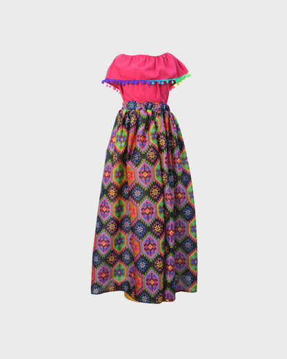 Set Patrio Falda con Elementos Estilo  Mexicana y Blusa Campesina color Rosa Pompon Colores