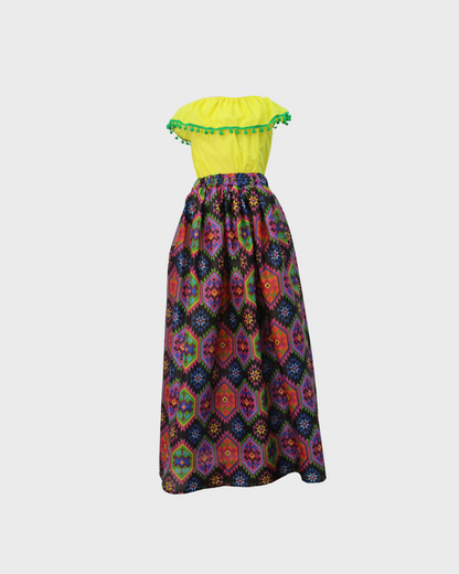 Set Patrio Falda con Elementos Estilo  Mexicana y Blusa Campesina color Amarillo, Pompon Verde