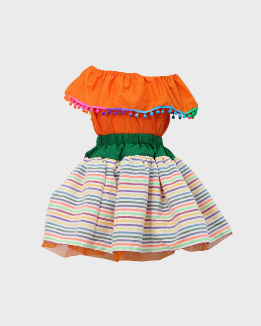 Set Patrio Falda Tipo Tutu Rayas y Blusa Campesina Color Naranja con Pompones Colores