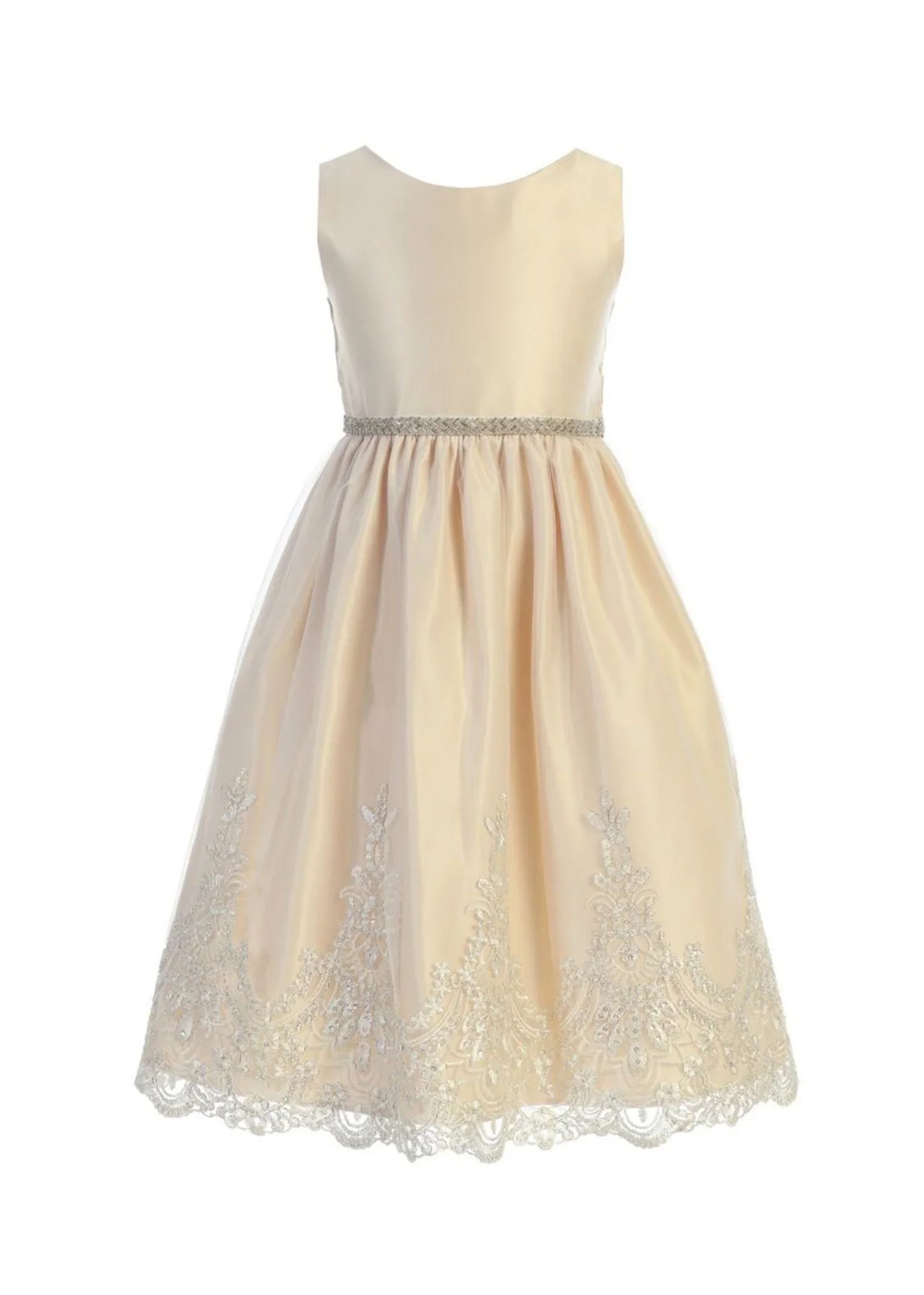 vestido champagne satén falda guipur