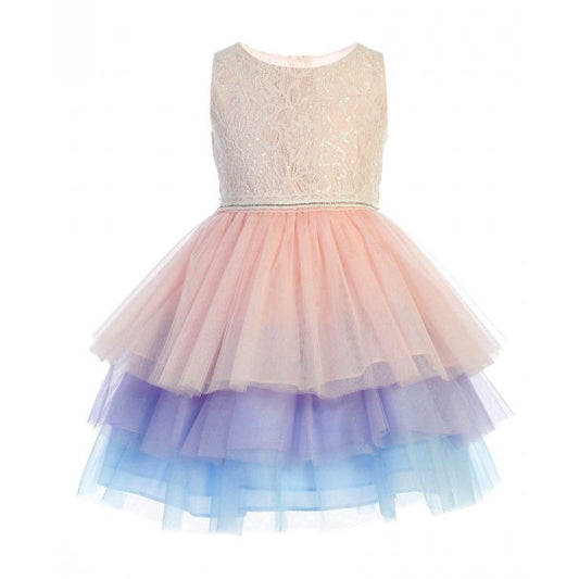 Vestido talle encaje falda de tul olanes multicolores pastel