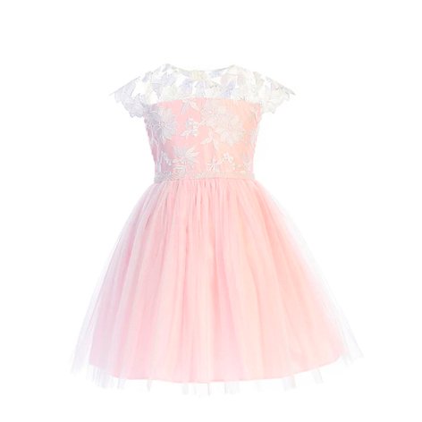 Vestido rosa de talle organza bordada en flores falda de tul