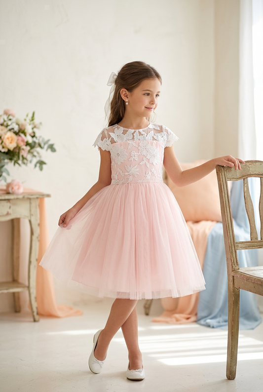 Vestido rosa de talle organza bordada en flores falda de tul