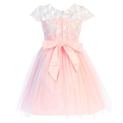 Vestido rosa de talle organza bordada en flores falda de tul