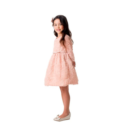 Vestido blush rosetones, cinto satin