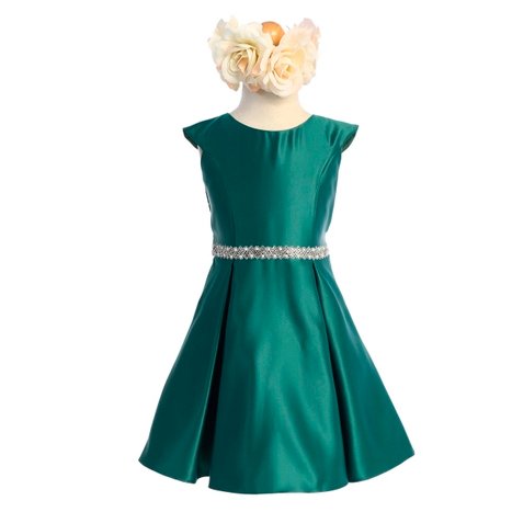 Vestido verde satin manga corta con cinto de cristal