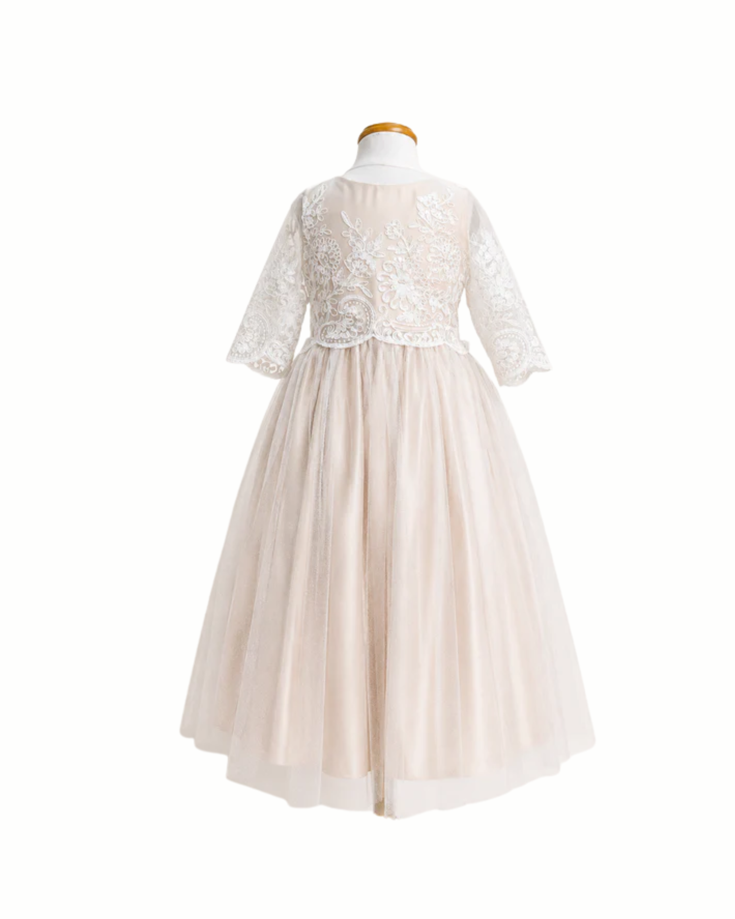 Vestido para fiesta color  champagne con Guipiur Ivory manga 3/4