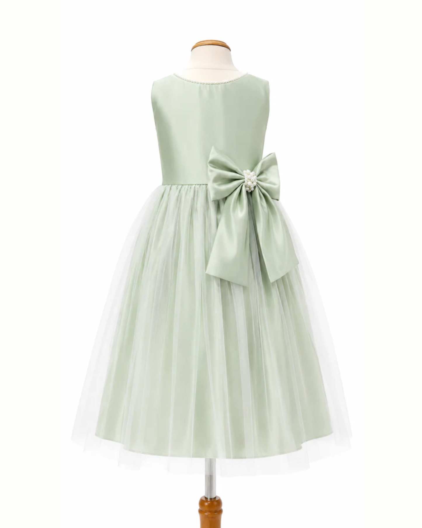 Vestido Satin Menta Cuello Perlas