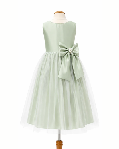 Vestido Satin Menta Cuello Perlas