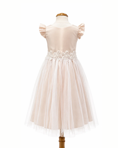 Vestido Color Blush Falda Tul y Cinto Bordado Flores