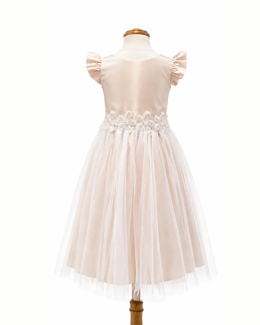 Vestido Color Blush Falda Tul y Cinto Bordado Flores